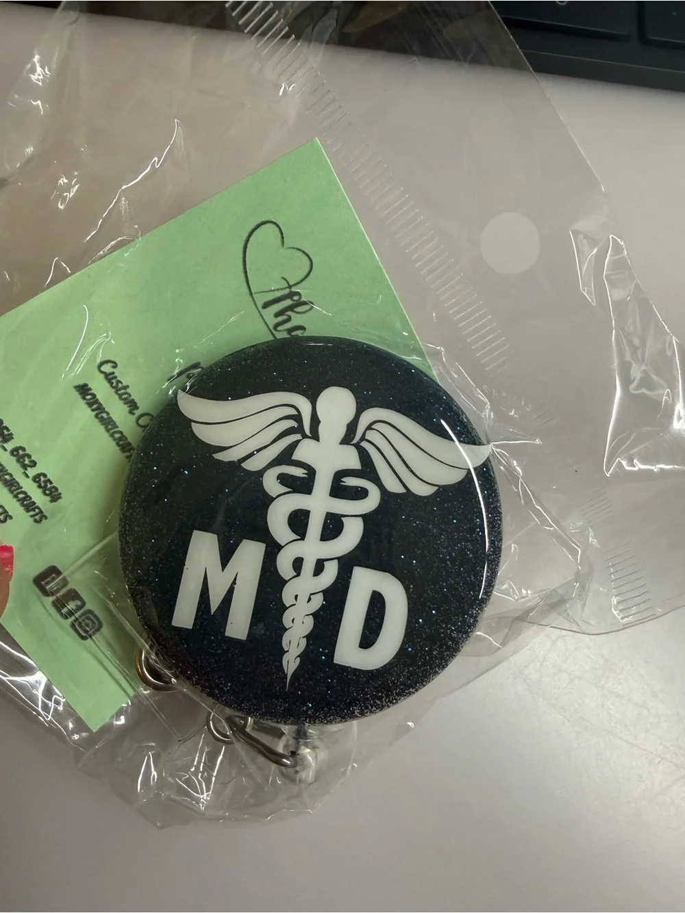 Medical Badge Reel with Caduceus - Black Glitter